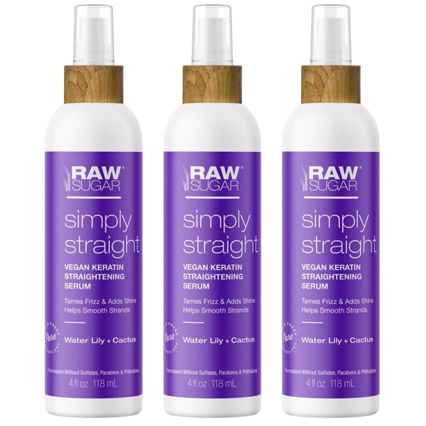 Three 4oz bottles of Raw Sugar Simply Straight Keratin Straightening Serum, sold as a 3 pack, are shown side by side with purple labels and wooden caps.